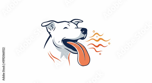 A joyful white dog with its tongue out, exhaling wavy orange lines and circles