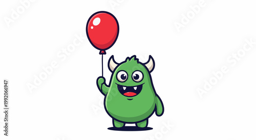 A friendly green monster with white horns holds a red balloon
