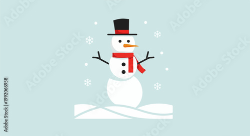 A friendly snowman wears a red scarf and black hat, with snowflakes falling