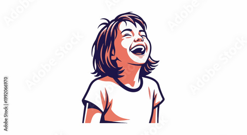 A joyful young girl with eyes closed and mouth open in laughter, her hair tousled
