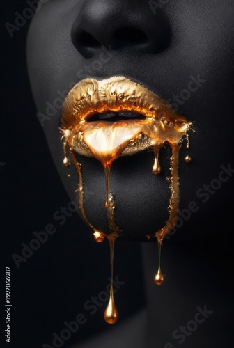 Golden Dripping Lips Makeup Close-Up: Luxury Metallic Lipstick Glamour And Beauty Concept