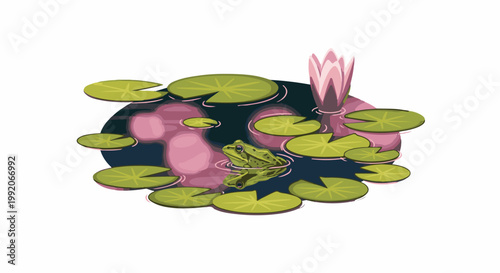 A frog rests in a pond surrounded by lily pads and a pink water lily bloom