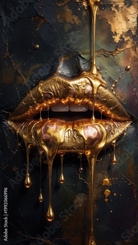 Golden Dripping Lips Makeup Close-Up: Luxury Metallic Lipstick Glamour And Beauty Concept