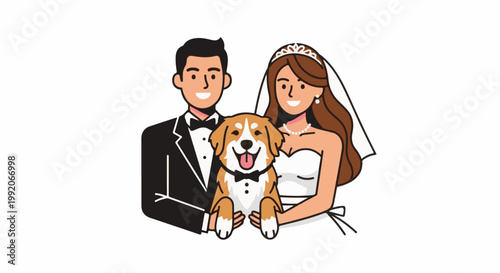 A joyous couple, a bride in white, a groom in a tuxedo, and their happy dog pose together