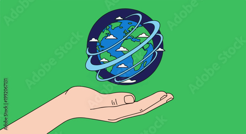 A gentle hand cradles the planet, adorned with swirling orbit lines and clouds