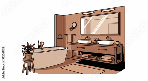 A modern bathroom featuring a freestanding tub, double vanity with sinks, and a large mirror above