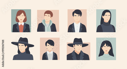 A grid of eight stylized, pixelated avatars of diverse individuals in muted, fashionable attire