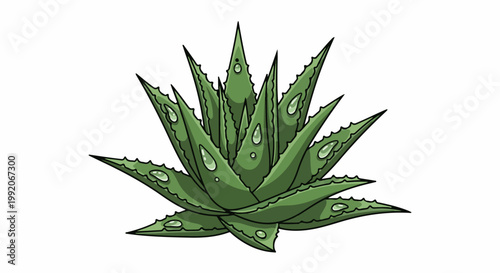 A green aloe vera plant with spiked leaves, adorned with dew drops