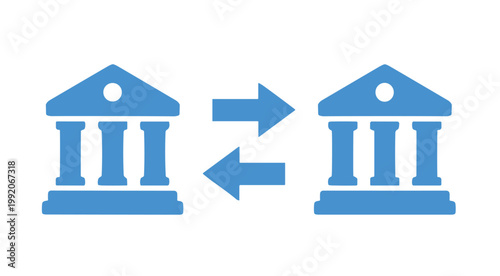 Vector illustration of two blue bank buildings with arrows exchanging