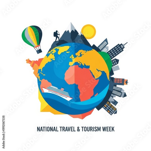Flat vector illustration for National Travel and Tourism Week celebrating global exploration