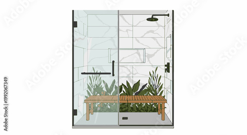 A modern glass shower enclosure with marble tiles, plants, and a wooden bench