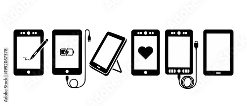 Tablet computer icon set, digital device symbols with charging cable and stylus pen, flat black vector illustration of mobile technology interface elements for web design, business apps, and UI infogr
