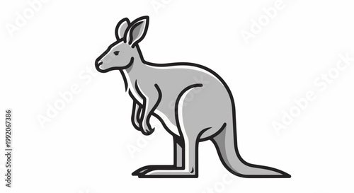 A minimalist, gray kangaroo stands in profile against a white background