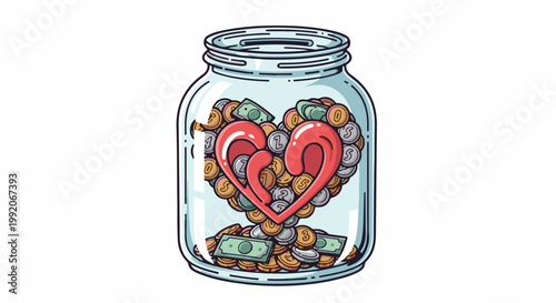 A glass jar overflowing with coins and currency, featuring a prominent red heart shape at its center