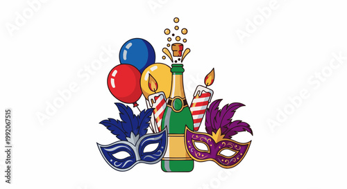 A festive scene with popping champagne, balloons, candles, and masquerade masks