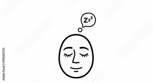 A minimalist illustration of a closed-eyed face with a thought bubble containing Zzz