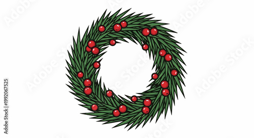 A green evergreen wreath adorned with bright red berries, a festive holiday decoration