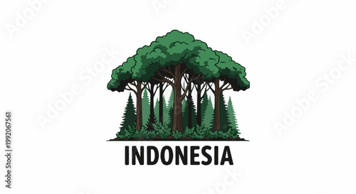 A lush, dense forest canopy forms a house shape over smaller trees and dense foliage