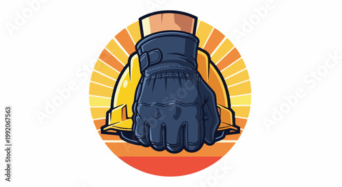 A gloved hand rests on a hard hat, framed by a radiating sunburst