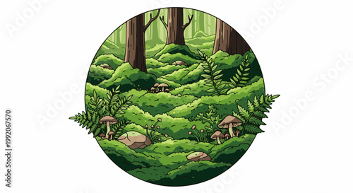 A lush, mossy forest floor filled with mushrooms, ferns, and rocks, enclosed in a circle
