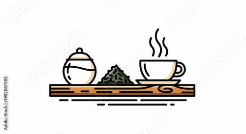 A minimalist illustration of a tea set with a sugar bowl, tea leaves, and a steaming cup on a wooden tray
