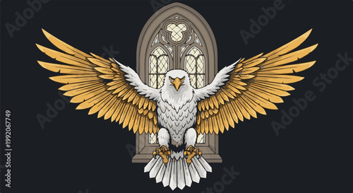 A majestic eagle with spread golden wings is depicted in front of an arched, gothic-style window