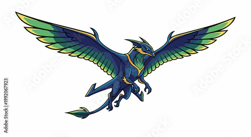 A majestic mythical creature with wide, feathered wings in shades of blue, green, and yellow