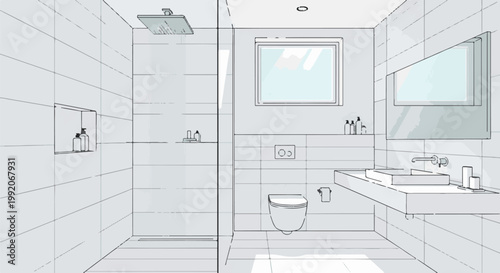 A minimalist, modern bathroom with tiled walls, a sleek sink, and a spacious shower stall
