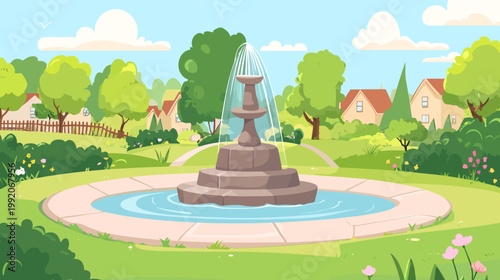 A picturesque cartoon view of a serene park with a multi-tiered fountain and surrounding houses
