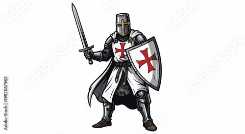 A knight in full armor with a sword and shield, ready for battle