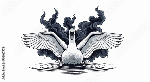 A majestic swan emerges from dark, swirling smoke, wings outstretched, breaking the water's surface
