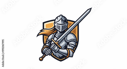 A knight in shining armor holds a sword against a shield