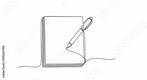 A minimalist sketch depicts a pen poised to write on a blank notebook, with simple lines