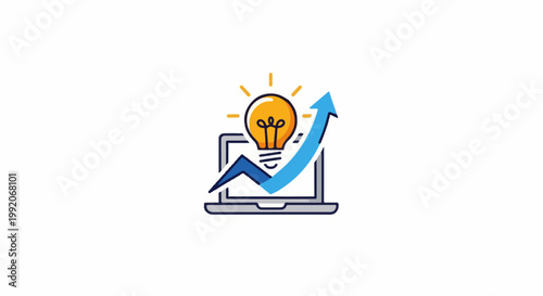 A laptop displays a glowing idea bulb with an upward trending graph