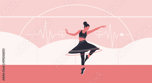 Ballet Dancer Performing Fitness Exercise with Heartbeat Monitor Background