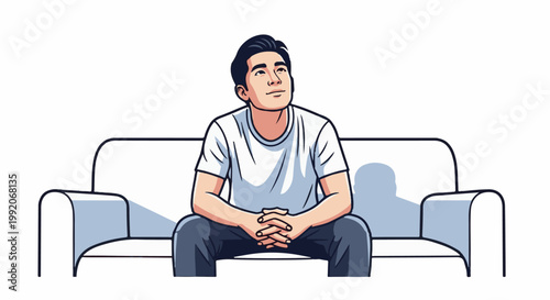 A man with dark hair in a white t-shirt sits thoughtfully on a light blue couch, hands clasped