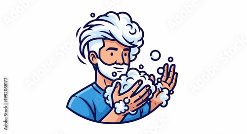 A man with white hair and beard washes his hands with soap bubbles