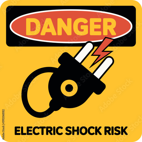 A warning sign indicating electric shock risk with a plug and danger symbol