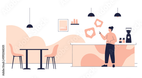 Barista Interacting with Social Media Likes in a Modern Cafe with Abstract Shapes