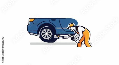 A mechanic in orange overalls and a cap repairs a blue car