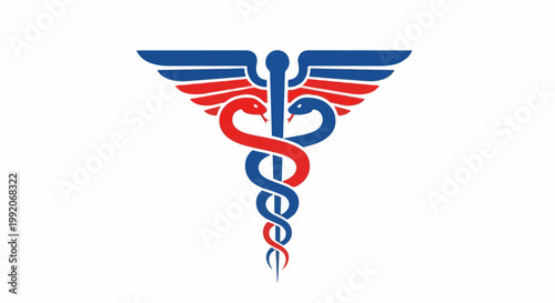 A medical caduceus symbol in red, white, and blue with winged snakes