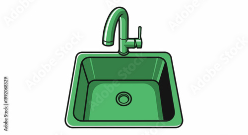 A green kitchen sink with a curved faucet and a drain in the center