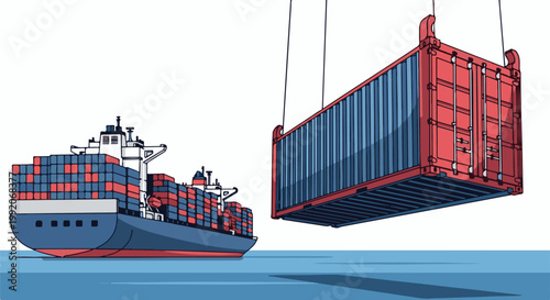 A large cargo ship with stacked containers is docked next to a red container being lifted by cranes