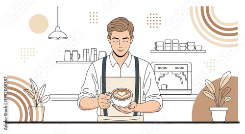 Barista Making Latte Art Coffee with Abstract Heart Shape in Cafe