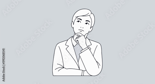 A man in a suit with his chin resting on his hand, looking up thoughtfully