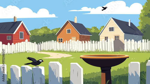 A charming, pixelated scene of three houses behind a white picket fence, birds flying above