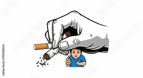 A large hand crushes a cigarette over a scared child's head