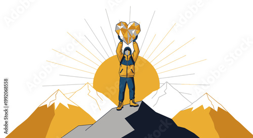 Man on Mountain Peak Holding Geometric Heart Above Head, Sunrise Background