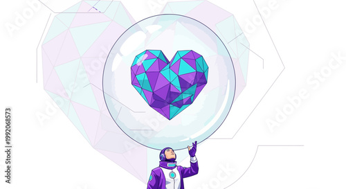 Astronaut holding geometric heart in bubble, futuristic abstract background, love concept
