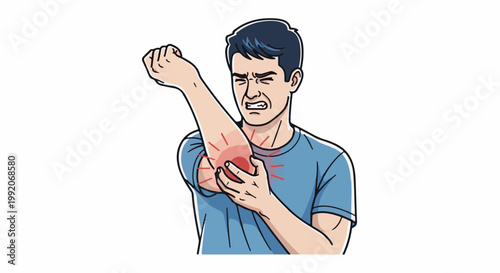 A man is shown grimacing in pain as he clutches his elbow, which is highlighted in red